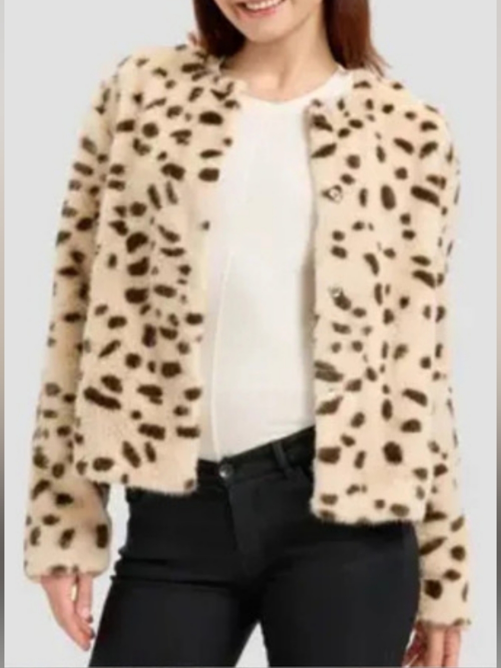 NEW -Animal Print Teddy Jacket Faux Fur in Cream & Brown Snap Closure Medium